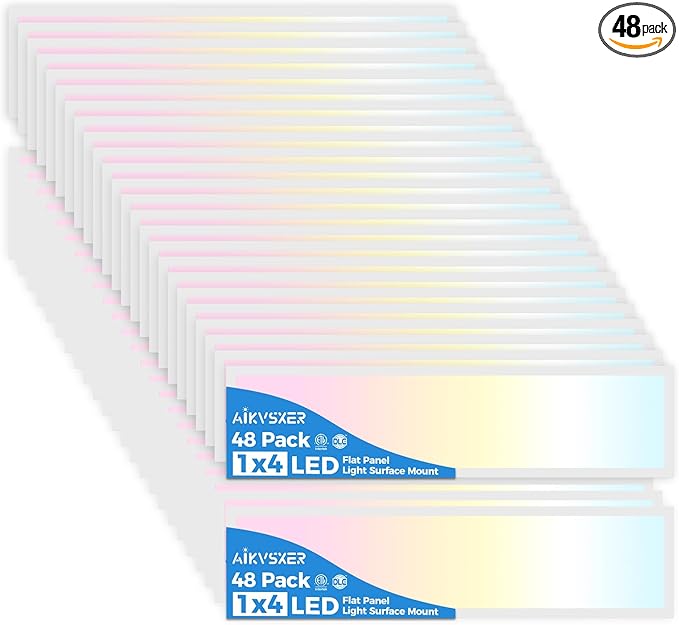 AIKVSXER 48PACK 1x4 LED Flat Panel Light Surface Mount LED Ceiling Light, 5500LM 50W TRIAC 10-100% Dimmable, 3000/4000/5000K AC120V Kitchen Lights Ceiling Flush Mount for Garage/Basement/Laundry