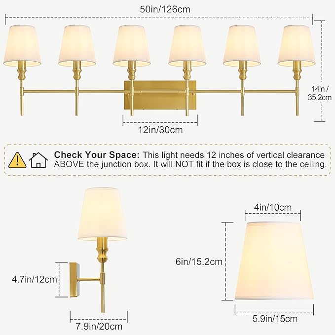 6-Light Bathroom Light Fixtures,50 in Vintage Bathroom Vanity Lights Over Mirror,Antique Brass Wall Sconce with Flared White Fabric Lampshade for Bedroom,Living Room,Foyer,Hardwired,E12 Base