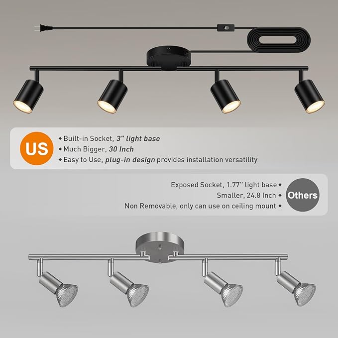 Plug in Track Lighting LED, Track Lighting Fixtures Ceiling, Black 4-Light Kitchen Light Kit, Plug in Wall Light with 14.8ft Power Cord, Rotatable Ceiling Spotlight for Bedroom(GU10 Socket, NO Bulb)