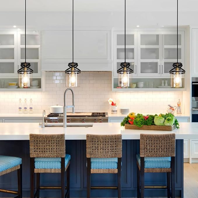 Black Kitchen Pendant Lighting over Island, Modern Glass Pendant Lighting, Hanging Lights for Living Room Set of 2, Pendant Lights Kitchen Island 2 Pack, Pendant Lamp for Dining Room, Hallway, Sink