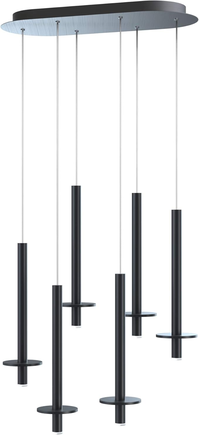 Draco 6 Pendant Lighting Black – LED Hanging Light Fixture for Kitchen Island, Bar, Foyer – Equilateral Cluster of Mini Metal Rod Pipe Tube Cylinders – Dimmable, Adjustable Wire, Lamp Bulb Included