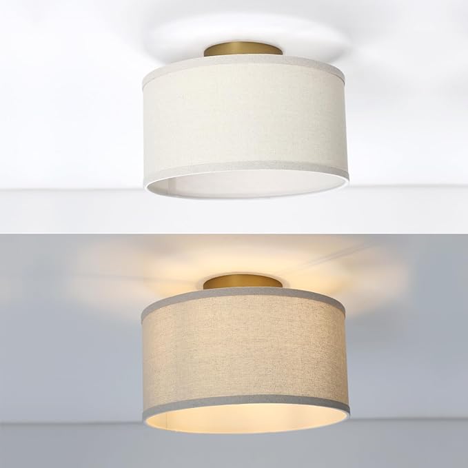 Yosoan Linen Indoor Hallway Ceiling Light Fixture, 1-Light Antique Brass Vanity Vintage Semi Flush Mount Light Retro Night Lamp for Bedroom Dinning Room Living Room Corridor Kitchen Entryway Passway