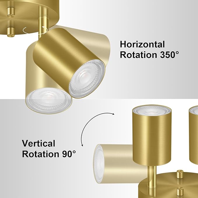 2 Light Track Lighting Fixtures Ceiling, Gold Round Directional Ceiling Spotlight, GU10 Flush Mount Ceiling/Wall Fixture, Adjustable Modern LED Track Lights for Kitchen/Living Room, Bulb Not Included