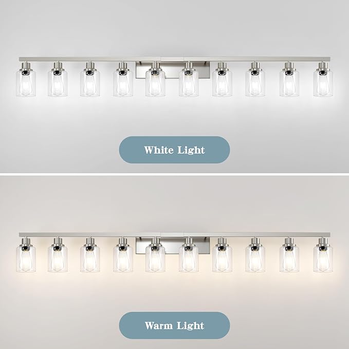 Brushed Nickel Bathroom Vanity Light,10-Light Vanity Lights with Clear Glass,64.5in Modern Bathroom Wall Lights Fixtures Over Mirror,Wall Sconces Lighting for Bedroom Living Room,E26