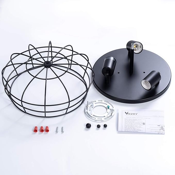 VILUXY Industrial Black Semi Flush Mount Ceiling Light 3-Light Rustic Ceiling Lamp Fixture with Metal Cage for Kitchen Living Room Dining Room Bedroom Hallway