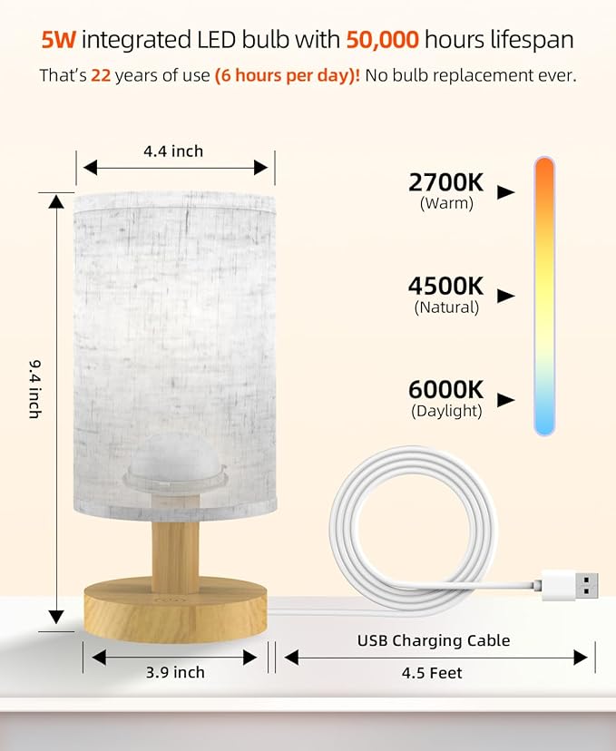 Small Touch Table Lamp for Bedroom, Portable LED Desk Lamps, 3 Color Stepless Dimming Up, Wood Base Round Flaxen Fabric Shade for Kids Room, Living Room, College Dorm, Home, Office