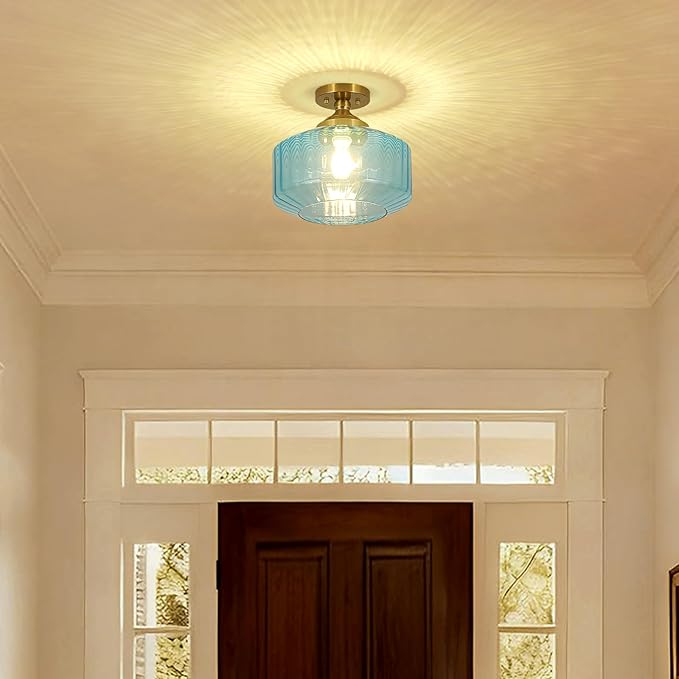 11.8in Semi Flush Mount Ceiling Light Fixture, Vintage Striated Glass Kitchen Lighting Fixtures Ceiling Mount for Entryway Hallway Bedroom Dining Room Bathroom Foyer Laundry (Blue)