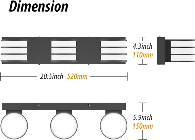 LED Bathroom Vanity Light - 20.5 Inch Black 3-Light Fixture with White Acrylic Shades, 6000K Cool White, Mirror Lighting for Bathroom, Bedroom, Hallway, Living Room Wall Sconce