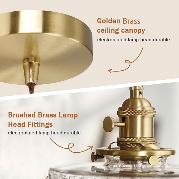 2-Pack Vintage Pendant Light Fixture Gold Pendant Lights Fixtures Clear Kitchen Island Ceiling Hanging Light Round Striped Glass Shade Farmhouse Antique Brass Hanging Pendant Lights