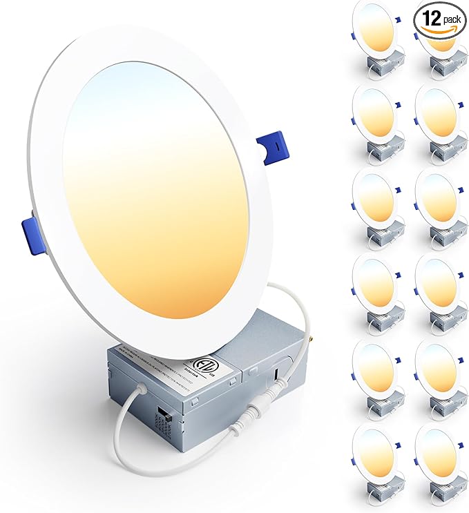 Ensenior 12 Pack 7 Inch LED Recessed Ceiling Light, Dimmable, 2700K-5000K 5CCT, 1600LM 15W 120V, High Brightness Canless Wafer Downlight - ETL&FCC&IC
