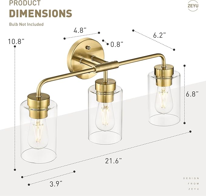 zeyu 3-Light Vanity Lighting Fixtures, Modern Vanity Lighting Fixtures Over Mirror with Cylinder Clear Glass Shade, Brushed Gold Finish, ZS62B-3W BG