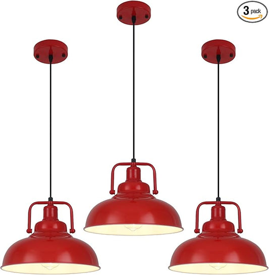 Red Farmhouse Pendant Light, 11.5in Pendant Light Kitchen Island, Adjustable Height, Industrial Pendant Lights, Metal Vintage Pendant Lighting for Kitchen, Dining Room, Barn, Hallway, 3 Pack