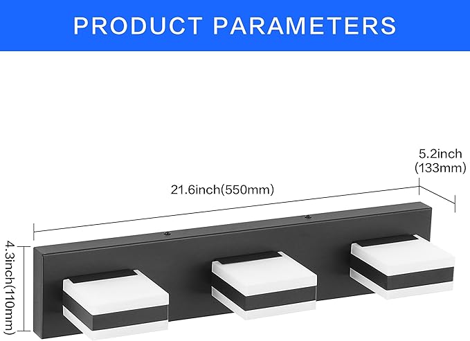 SOLFART LED Dimmable Black Vanity Light Over Mirror,3 Lights Bathroom Light Fixtures, Restroom Modern Vanity Lighting for Bathroom Cool Light 6000K