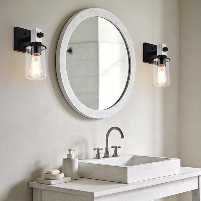 Rustic Wall Sconces Set of 2,Hardwired 1-Light White Wood Farmhouse Sconce with Clear Glass Cylinder Shade,Matte Black Metal Wall Light,E26 Indoor Bathroom Vanity Fixture for Mirror,Bedroom,Hallway