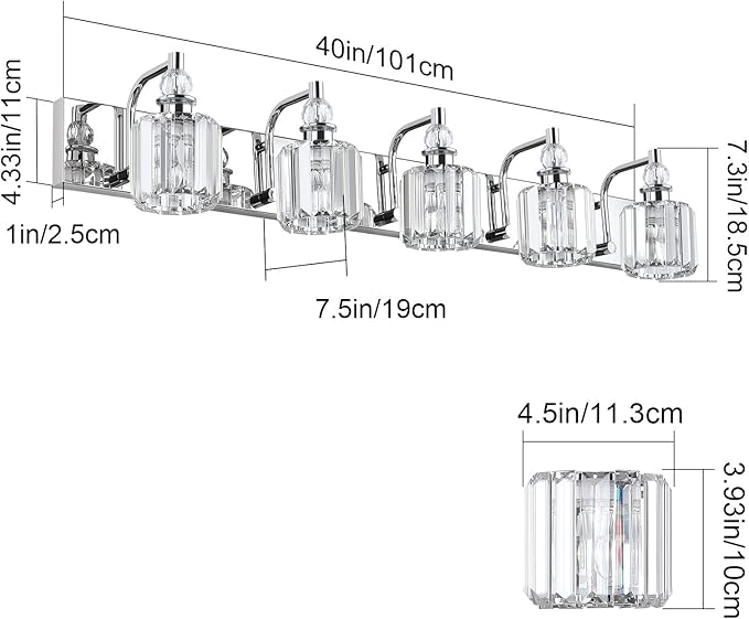 Ralbay Modern Crystal Vanity Lights 5 Light 40" Modern Crystal Bathroom Lights Fixtures Over Mirror Stainless Steel Chrome Vanity Light for Bathroom Wall Lights Fixtures