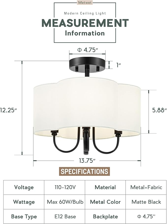 4-Light Semi Flush Mount Ceiling Light, 13.5" Vintage Light Fixtures Ceiling Mount with Fabric Shade in Quatrefoil for Kitchen Entryway Hallway Bedroom, Matte Black, SM179-MB