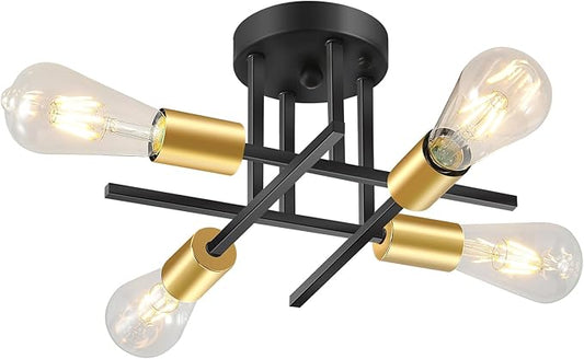 EGM 4-Light Modern Semi Flush Ceiling Light Fixture, Black & Gold Bedroom Light Fixture with E26 Bulb Base, Close to Ceiling Lights for Living Room Farmhouse Kitchen Dining Room (1 Pack)
