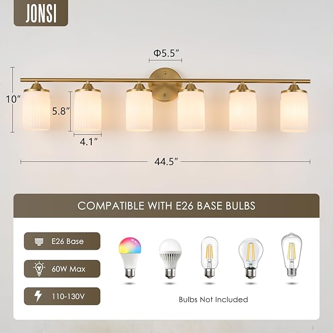 Jonsi Gold Bathroom Light Fixtures 6-Light Vanity Lights Modern Wall Sconce with Milk White Shade Brushed Brass Bathroom Light Fixture Over Mirror for Bedroom Hallway Kitchen