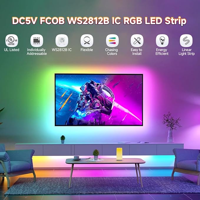 BTF-LIGHTING FCOB COB XGB1338(WS2812B) IC RGB 160LED/m 160IC LED Strip DC5V 3.2FT Individual Addressable Flexible High Density Uniform Light Dream Chasing Color 0.19in Width(NO Adapter or Controller)