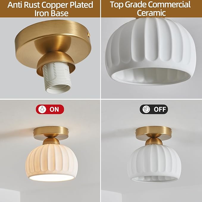 2 Pack Ceramic Gold Semi Flush Mount Ceiling Light Vintage Hallway Light Fixtures, Modern Small Ceiling Mount Light Lamp for Hall Kitchen Entryway Passway Porch Foyer