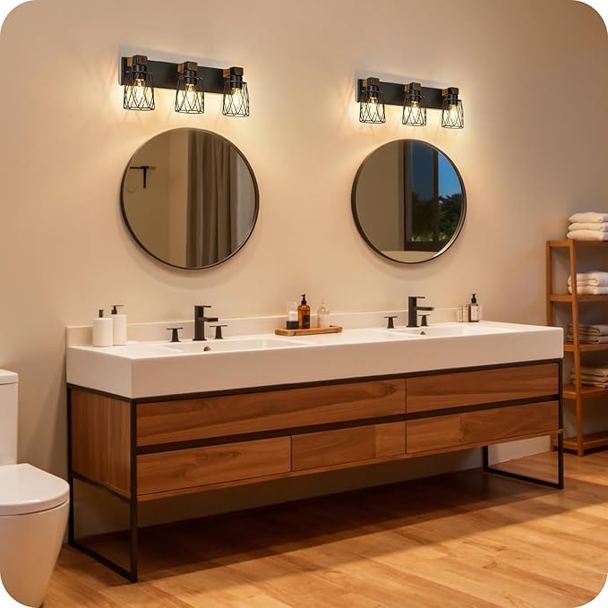 Industrial Farmhouse Bathroom Vanity Light, 3-Light Wood and Metal Wall Light Fixture, E26 Bulbs Not Included, for Bathroom, Vanity, Hallway, Black and Rustic Brown B19BD05