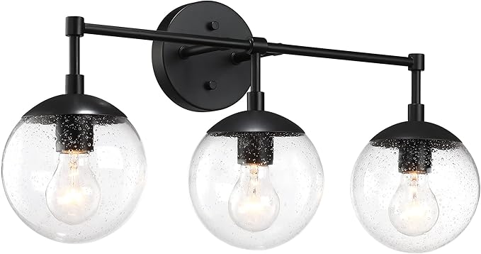 Design House Gracelyn Matte Black 3-Light Bathroom Vanity Light, Clear Seedy Glass Globes, Dimmable, 24 in. W, 588889-BLK
