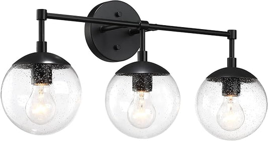 Design House Gracelyn Matte Black 3-Light Bathroom Vanity Light, Clear Seedy Glass Globes, Dimmable, 24 in. W, 588889-BLK