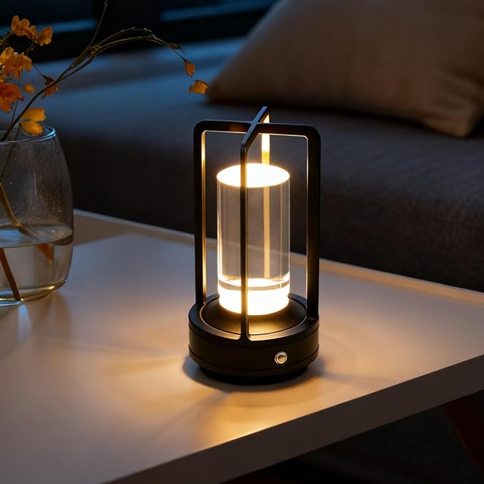 Rechargeable Table Lamp Cordless, 3 Color | Crystal | Stepless Dimming, for Dining Room, Living Room, Bar, Cafe, Restaurant, Patio, Camping, (Black)