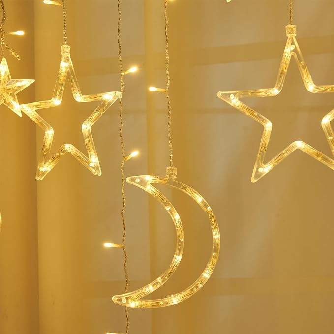 138 Led Curtain String Light Star Moon Icicle Light with 8 Lighting Modes with Timer Remote USB Operated Dimmable Fairy String for Window Wall Home Decoration