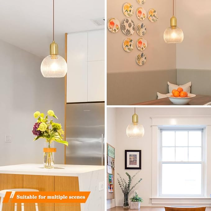 Modern Gold Pendant Lights Kitchen Island Lighting, Clear Glass Globe Pendant Light for Kitchen Adjustable 11.8-59" Brass Dining Room Hanging Light Fixture Vintage Ribbed Ceiling Pendant Light