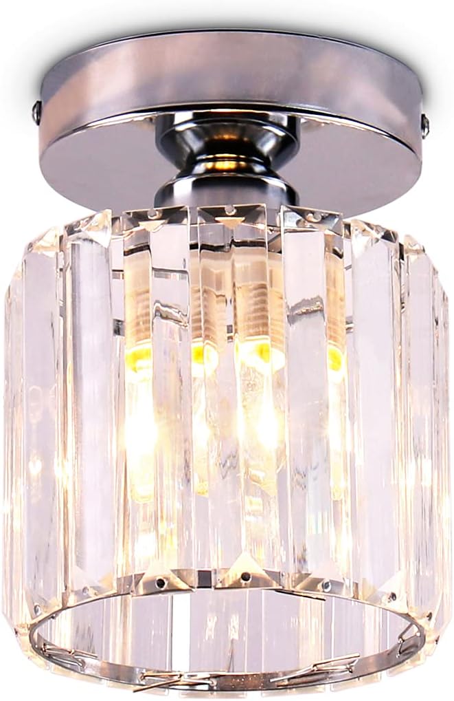 FRIXCHUR Small Chandelier Crystal Ceiling Light Semi Flush Mount Ceiling Lighting Fixture Modern Crystal Ceiling Light for Hallway Kitchen Island Dining Room Bedroom E26 Base Chrome