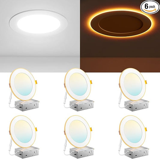 Amico 6 Pack 6 Inch 5CCT LED Recessed Ceiling Light with Night Light, 2700K/3000K/3500K/4000K/5000K Selectable Ultra-Thin Recessed Lighting, 12W=110W, 1100LM, Dimmable Canless Wafer Downlight ETL&FCC