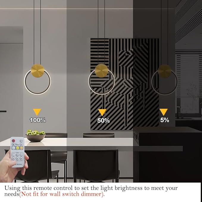 Modern LED Pendant Light Fixtures, Adjustable Height Circular Kitchen Island Light Set of 2, Small Black and Gold Hanging Pendant Light, RC Dimmable Pendant Lighting for Bedroom Entryway Hallway