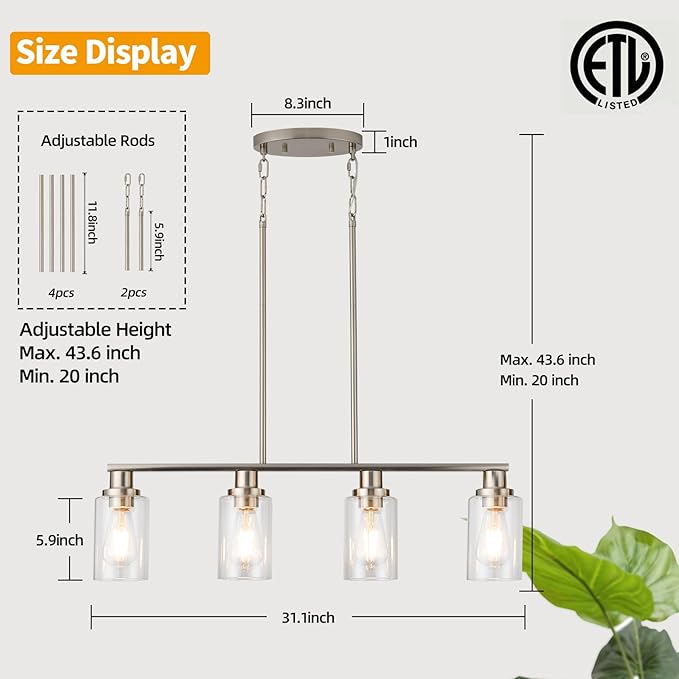 Kitchen Island Lighting, 4-Light Farmhouse Dining Room Light Fixtures Over Table, Linear Chandelier Pendant Lighting for Kitchen Island for Brushed Nickel Finish with Clear Glass Shade