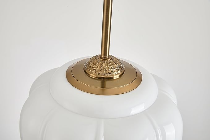 Milk Glass Ceiling Light Fixture, 12" Vintage Semi Flush Mount Pendant Light with Antique Brass Finish, Schoolhouse Light Fixture - Antique Chandelier for Kitchen, Hallway, Dining Room