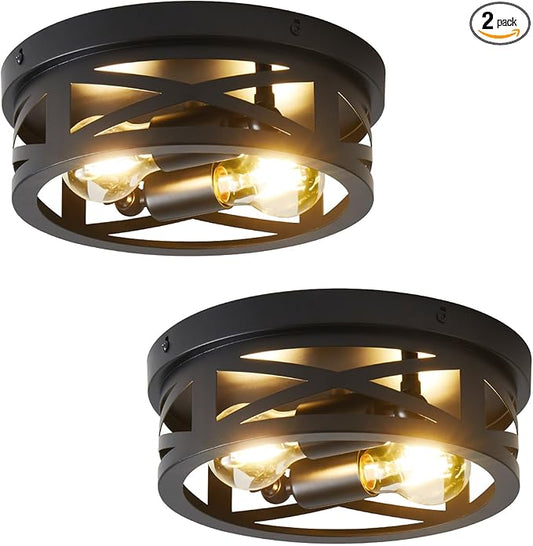 2-Light Flush Mount Ceiling Light Fixtures, Industrial Farmhouse Ceiling Light, Black Hallway Light Fixtures Ceiling, Vintage Light Fixtures Ceiling Mount Lamp for Hallway Kitchen Bedroom (2 Pack)