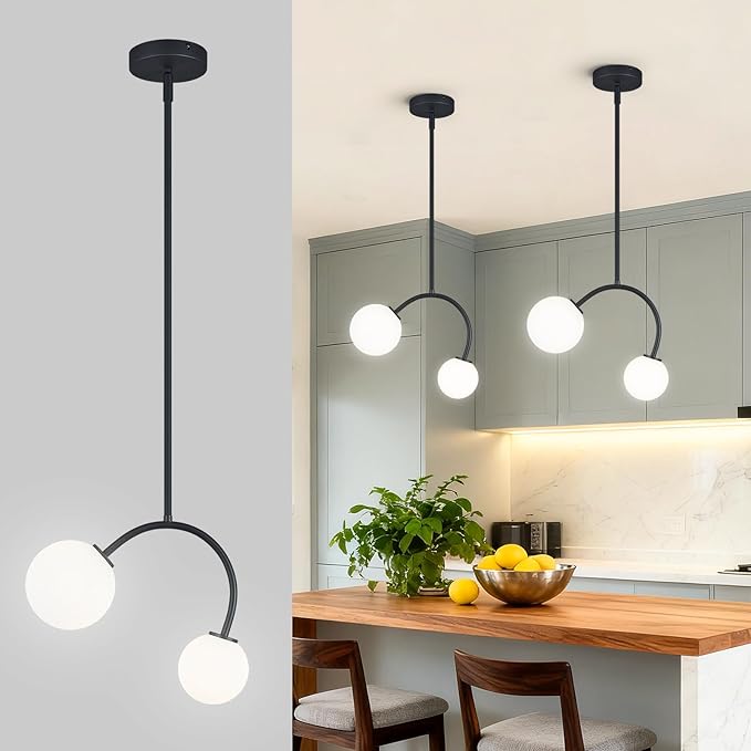 Modern Pendant Light Fixtures, 4.72" Milk Glass Pendant Lights Kitchen Island, Matte Black Kitchen Island Chandeliers for Dining Room, 2 Round Globe-2 Pack,G9 Bace(Bulb Not Included)
