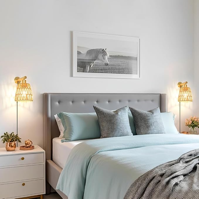 Boho Plug in Wall Sconce Set of 2, Gold Plug Sconces Set of 2, Rattan Sconce Light Fixture with 5.9FT On/Off Switch Cord, Farmhouse Wall Mounted Light for Bedroom Living Room Reading Hallway