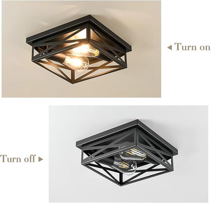 Farmhouse 2-Light Semi Flush Mount Ceiling Light Fixture, Modern Metal Cage Black Square Close to Ceiling Lamp, E26 Base Chandelier Ceiling Mount, Pendant Lighting for Hallway Kitchen Bedroom