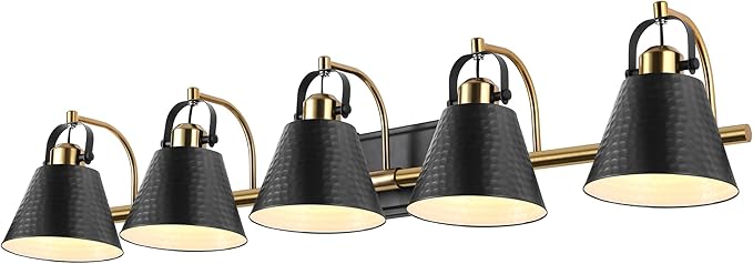 5-Lights Black and Gold Vanity Light, 40inch Modern Farmhouse Vanity Lights, Bathroom Light Fixtures Over Mirror with Hammered Metal Shade, Brushed Gold Wall Lamp for Bath Mirror Living Room Cabinet