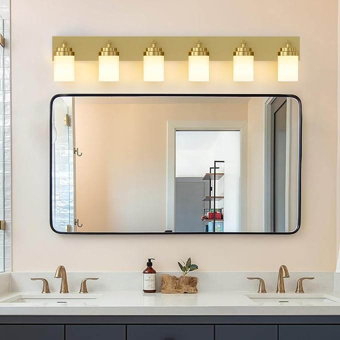 IZORRO Bathroom Vanity Light Fixture, 6-Light 46 Inch Gold Bathroom Light Fixtures Over Mirror, with White Glass Shade, Modern Farmhouse Vanity Lights, Rustic Restroom Lighting Fixtures