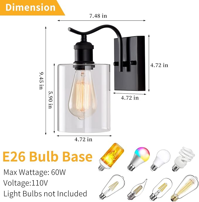 HOXIYA 2 Pack Matte Black Bathroom Vanity Light, Farmhouse Industrial Modern Wall Sconce Lighting Fixtures with Clear Glass Shade for Hallway Entryway Bathroom