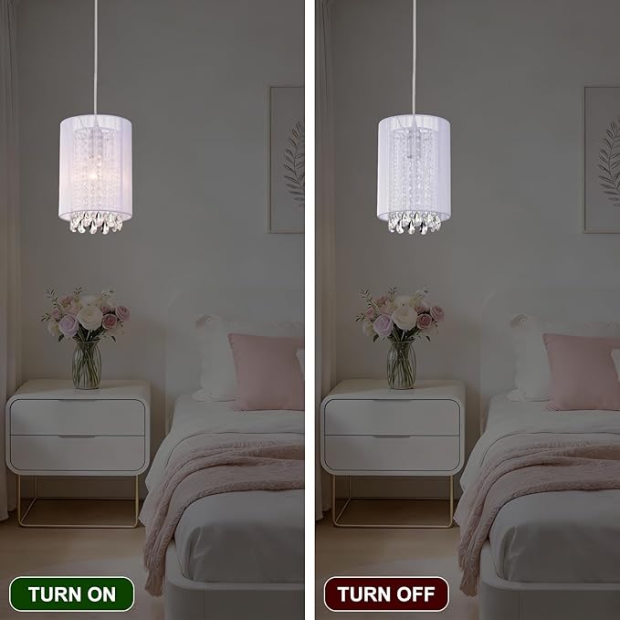 LaLuLa Plug in Hanging Light,White Cotton Plug in Chandelier,Crystals Hanging lamp Plug in,1-Light Hanging Lights with Plug in Cord for Bedrooms,Girls Room,Vanity,Playhouse,Closet,Bathroom
