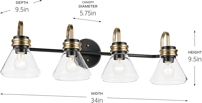 Kichler Farum 34" 4-Light Bathroom Vanity Light Fixture with Clear Glass in Black, Modern Wall Mount Over Mirror for Single or Double Vanity (34" W x 9.5" H), 55156BKCLR