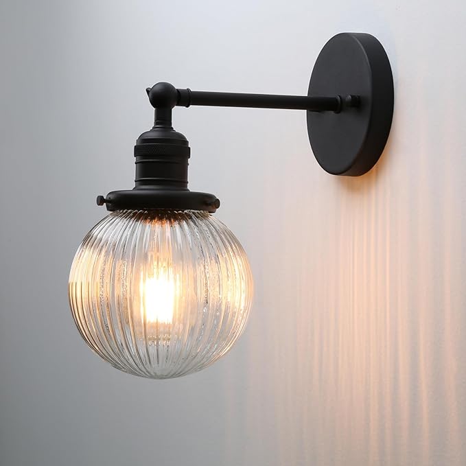 Phansthy 1-Light Wall Sconce, Brass Boho Bathroom Vanity Light, Modern Wall Light with Globe Glass Shade E26 Base, Adjustable Wall Lighting Fixtures for Bedroom, Living Room (Black, Striped Shade)