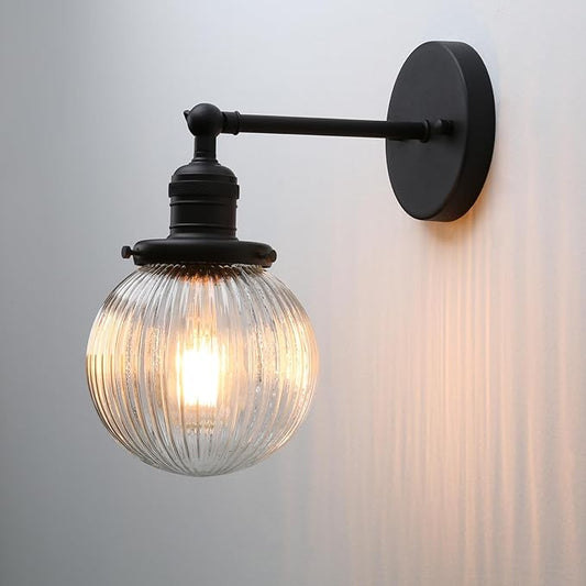 Phansthy 1-Light Wall Sconce, Brass Boho Bathroom Vanity Light, Modern Wall Light with Globe Glass Shade E26 Base, Adjustable Wall Lighting Fixtures for Bedroom, Living Room (Black, Striped Shade)
