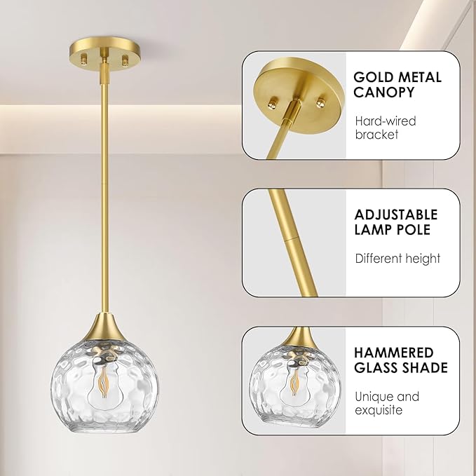 Pendant Lights Kitchen Island 2 Pack,Adjustable-Height Pendant Light Fixtures with Detachable Rod,Island Lights for Kitchen with Hammered Glass Shade,E26 Base Kitchen Pendant Lighting Over Island/Bar