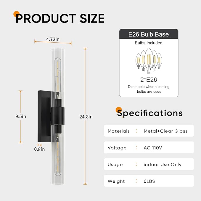 24.8" L Wall Sconces 2-Lights Black Wall Lights Fixtures Morden Cylinder Wall Light for Bathroom Vanity Light Indoor Wall Mounted Lamps for Living Room,Bedroom,Hallway