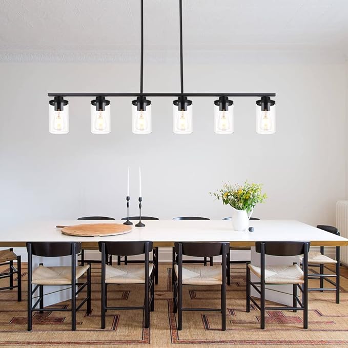 Farmhouse Dining Room Light Fixture 6 Lights Chandeliers for Dining Room Black Pendant Lighting with Clear Glass Shade for Dining Room, Foyer, Restaurant, Bar, E26 Base