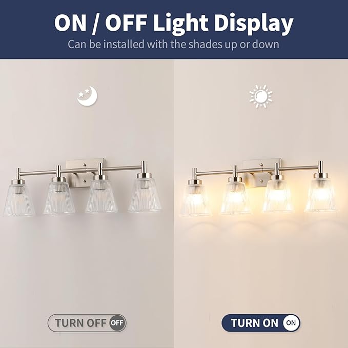 OCIOC 4-Light Vanity light fixtures, Brushed Nickel Vanity lights over mirror makeup light wall sconces with clear Striped glass shade, Bathroom lighting fixtures for Living room, Bedroom, Kitchen